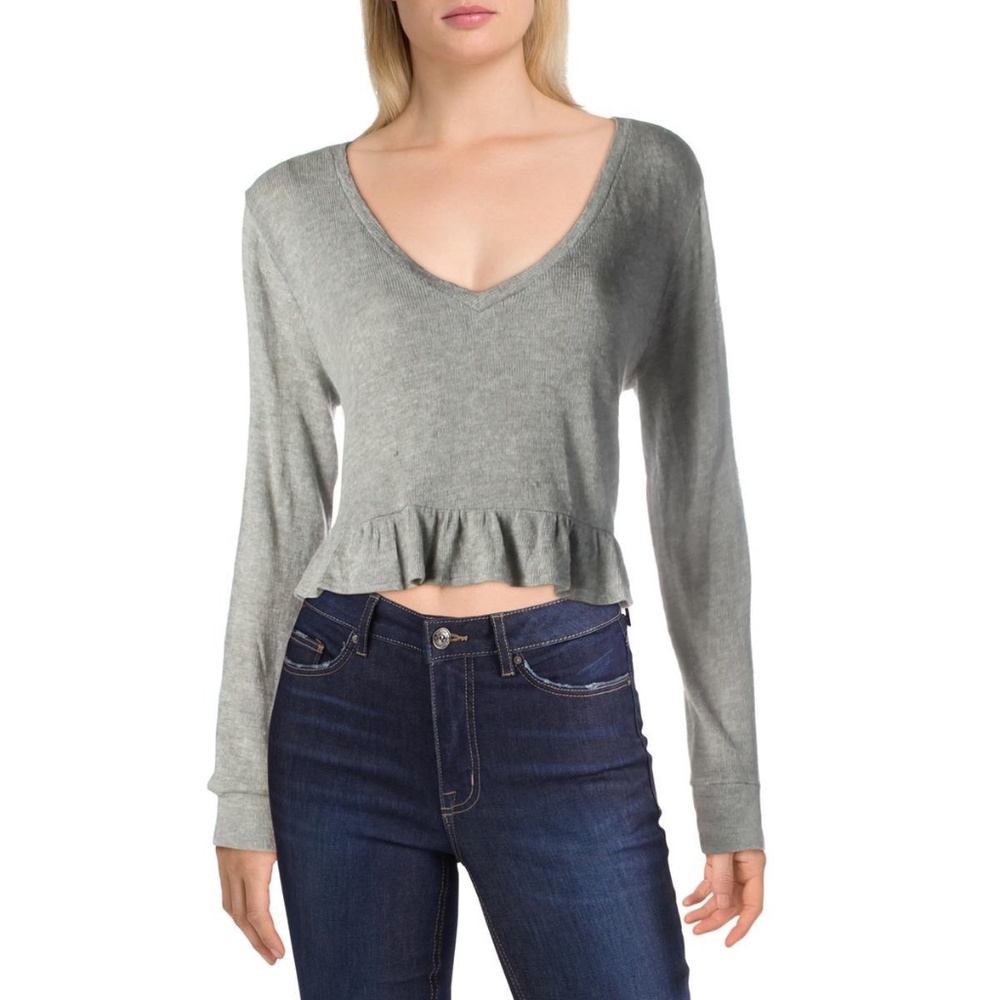 BB Dakota Ruffle Hem Cropped V-Neck Sweater Gray XS